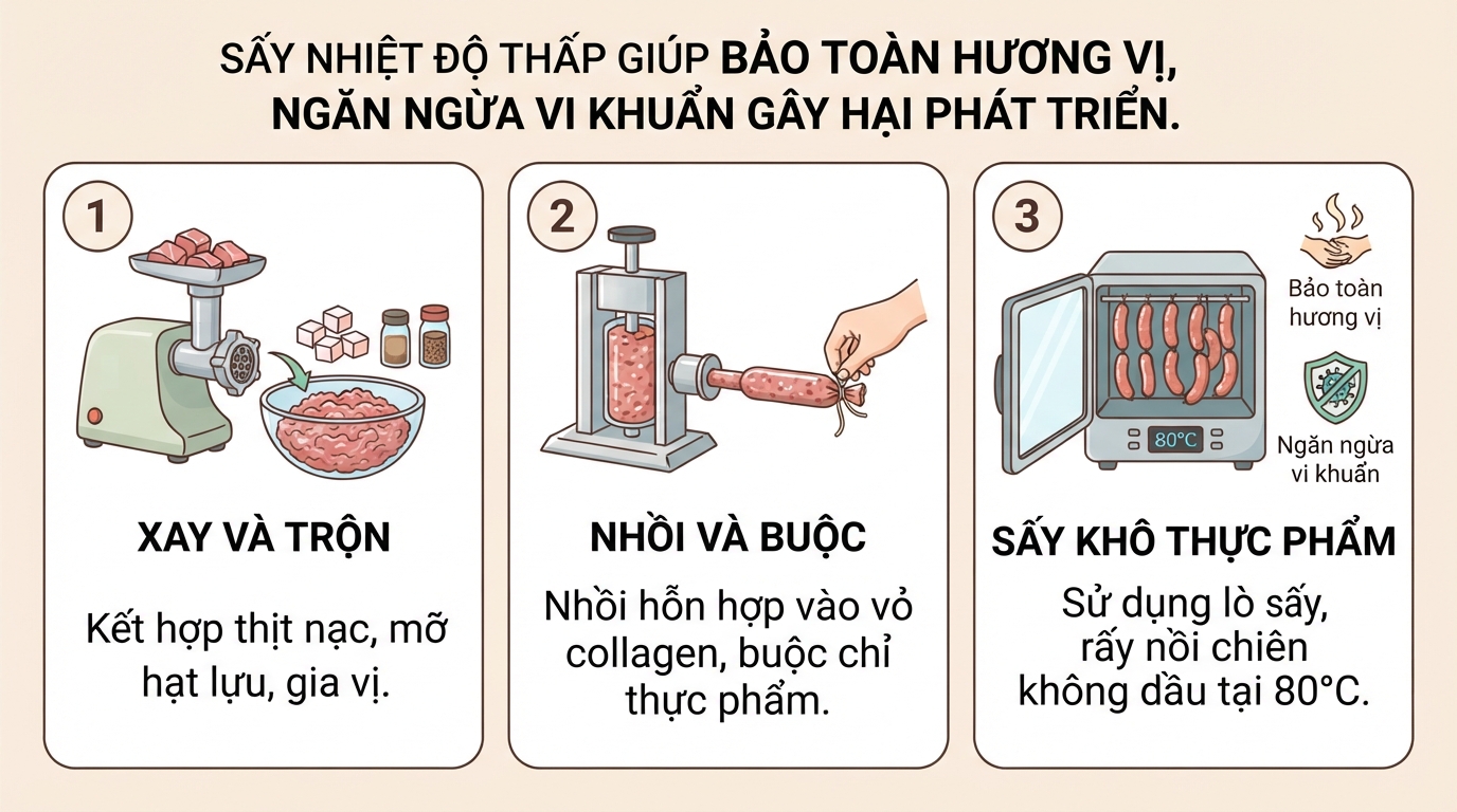 Sấy nhiệt độ thấp giúp bảo toàn hương vị, ngăn ngừa vi khuẩn gây hại phát triển.