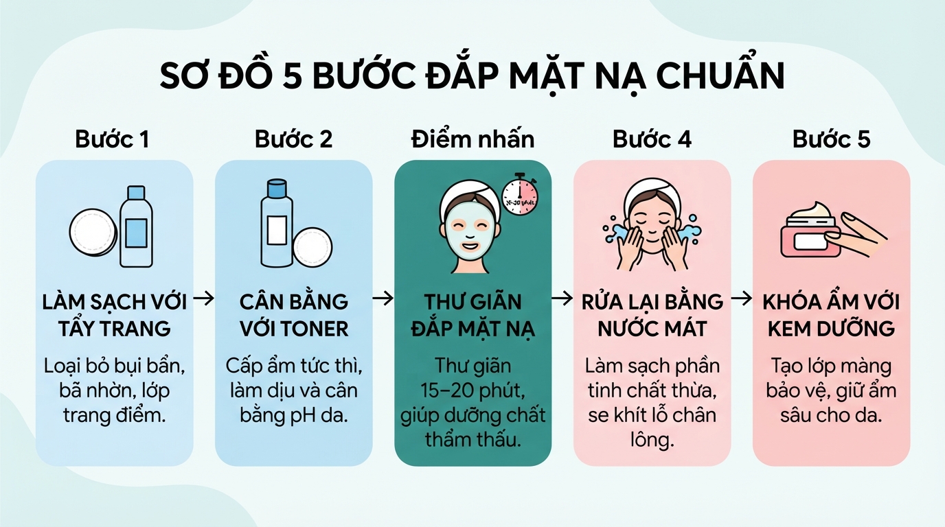 Sơ đồ 5 bước đắp mặt nạ giúp tối ưu hóa dưỡng chất và bảo vệ da.