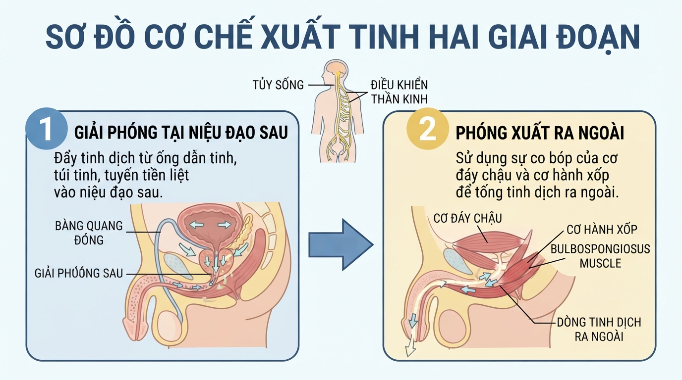 Sơ đồ cơ chế xuất tinh hai giai đoạn dưới sự điều khiển của tủy sống.