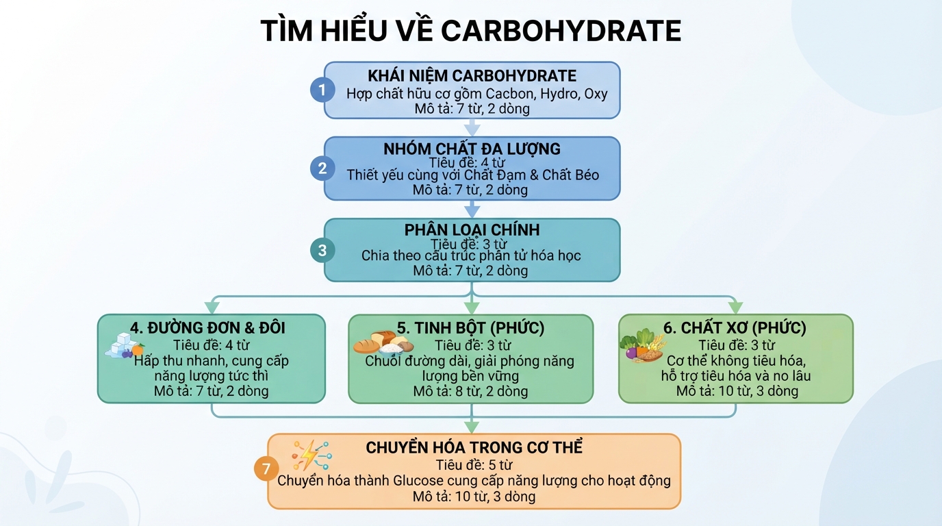 Sơ đồ giải thích carb là gì và phân loại nhóm chất đa lượng.