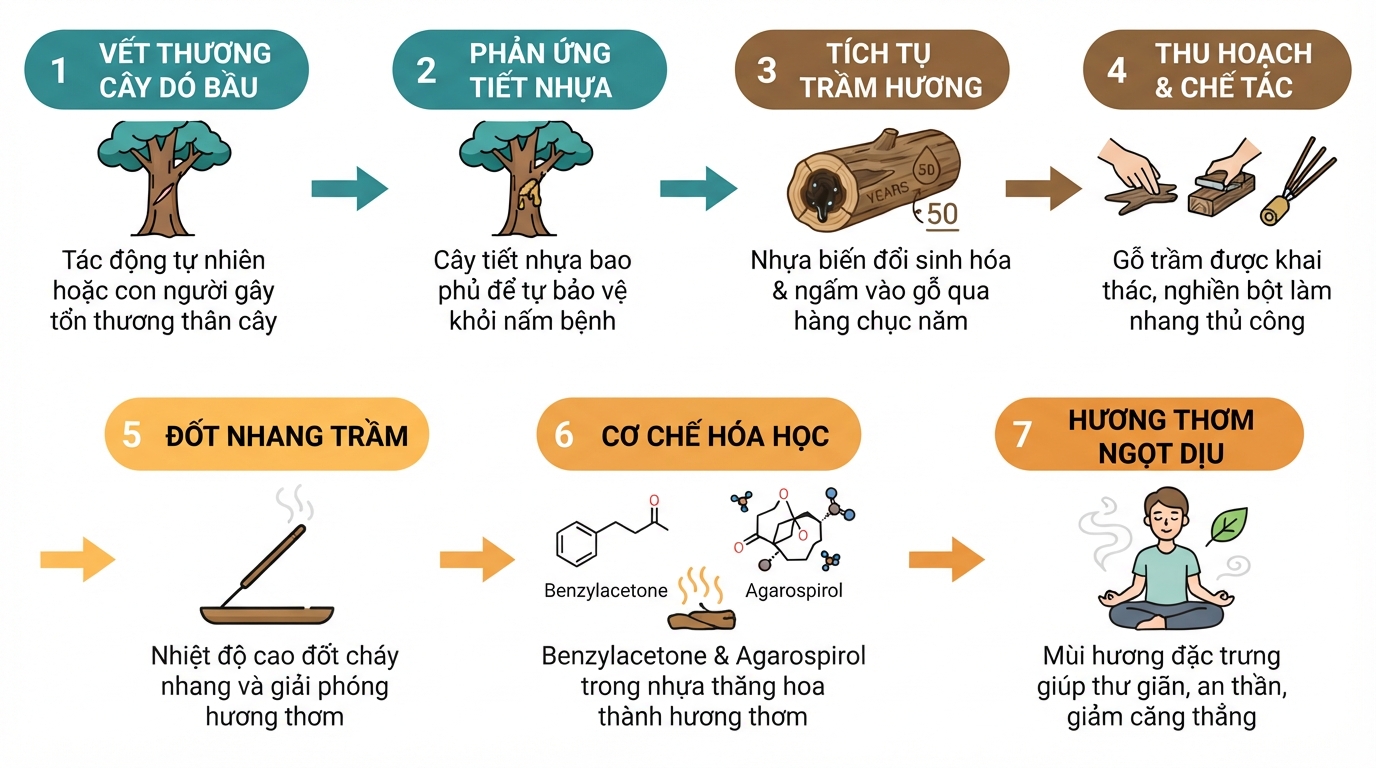 Sơ đồ hình thành nhang trầm hương từ nhựa cây Dó Bầu và các hợp chất hữu cơ tự nhiên.
