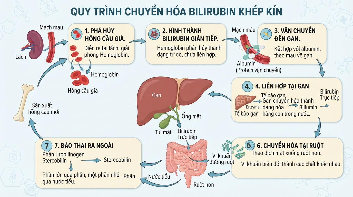 Sơ đồ minh họa bilirubin là gì và quy trình chuyển hóa từ hồng cầu qua gan.