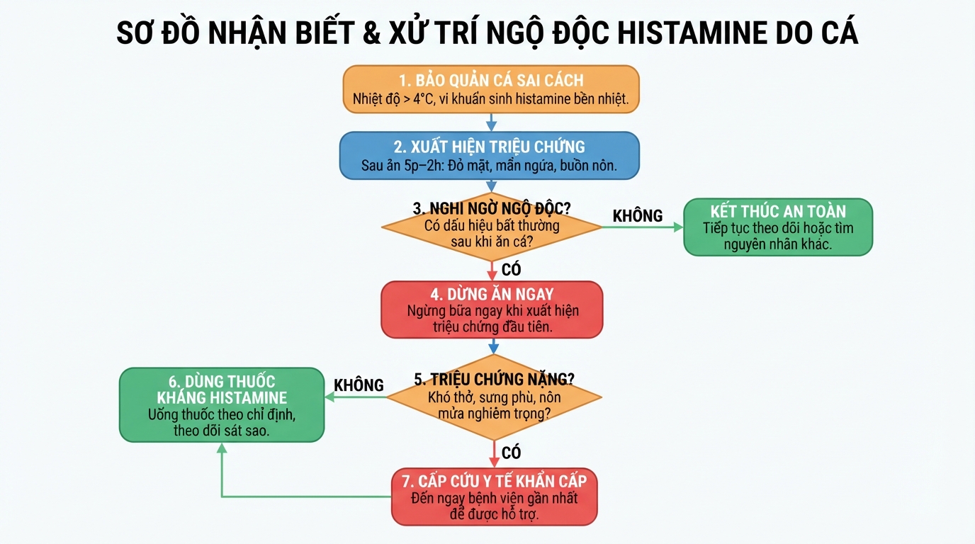 Sơ đồ nhận biết và quy trình xử trí nhanh khi nghi ngờ ngộ độc histamine.
