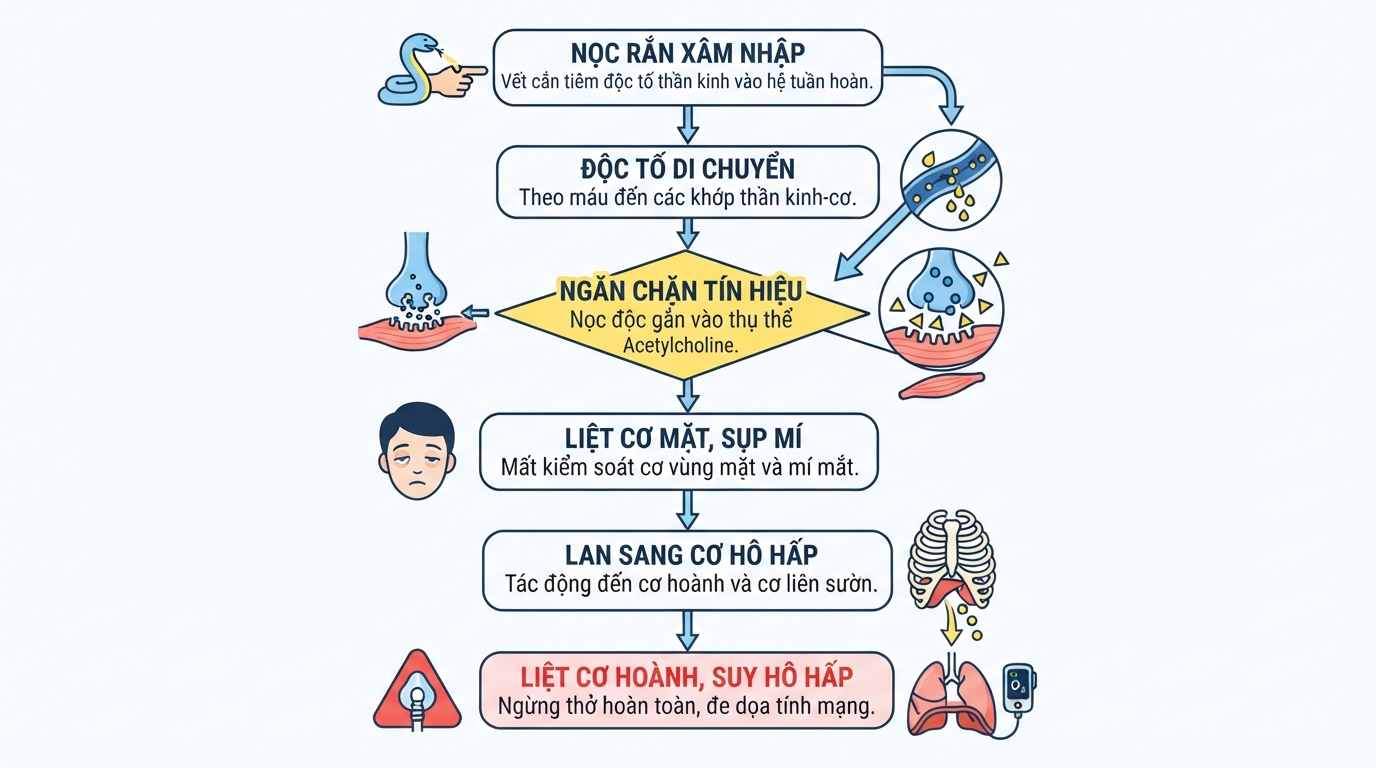 Sơ đồ nọc rắn tấn công hệ thần kinh gây liệt cơ và suy hô hấp cấp tính.