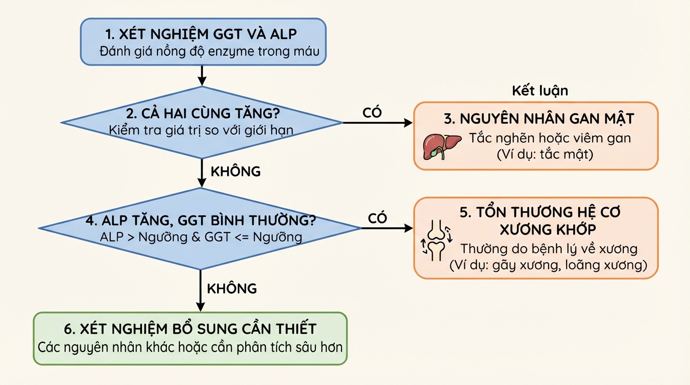 Sơ đồ phối hợp GGT và ALP để phân biệt tổn thương do gan mật hay do xương.