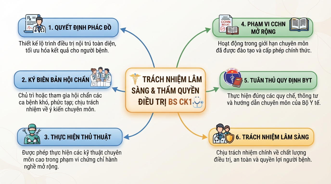Sơ đồ trách nhiệm lâm sàng và thẩm quyền điều trị của bác sĩ chuyên khoa 1.