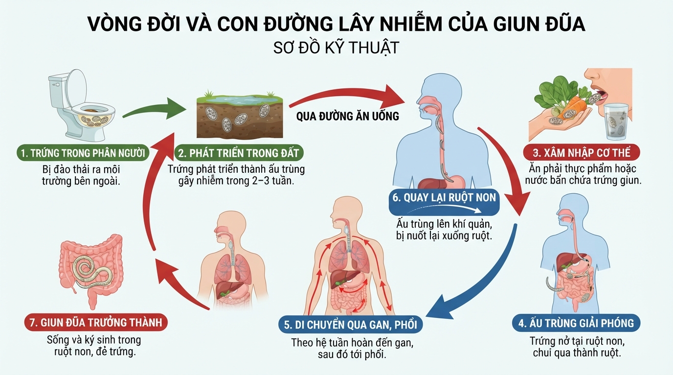 Sơ đồ vòng đời và các con đường lây nhiễm của giun đũa trong cơ thể người.