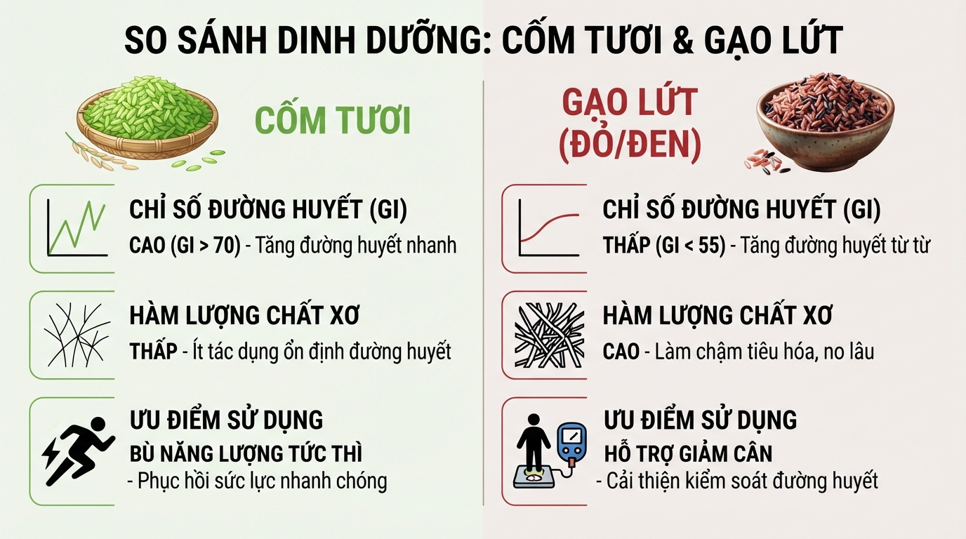 So sánh các chỉ số dinh dưỡng quan trọng giữa cốm tươi và gạo lứt đỏ hoặc đen.