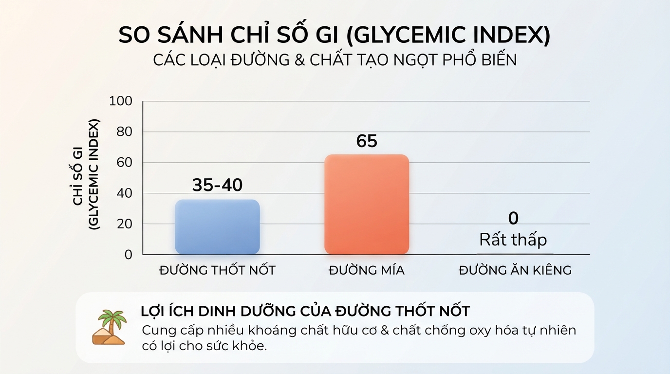 So sánh chỉ số GI của thốt nốt với các loại chất tạo ngọt phổ biến khác.