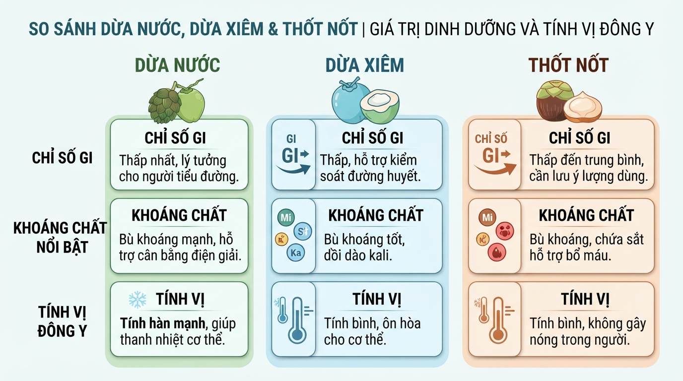 So sánh chỉ số GI, khoáng chất nổi bật và tính vị Đông y của ba loại quả.