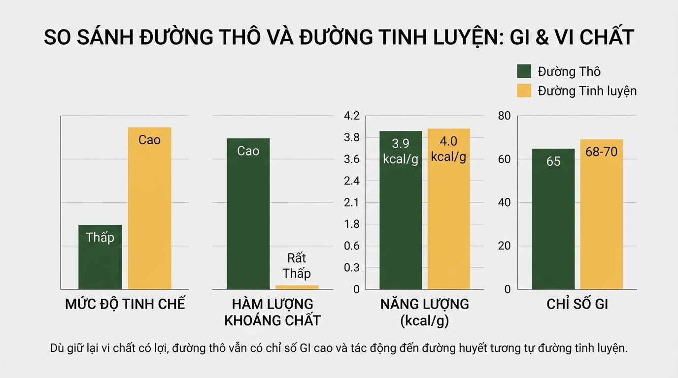 So sánh chỉ số GI và hàm lượng vi chất giữa hai loại đường tiêu dùng phổ biến.
