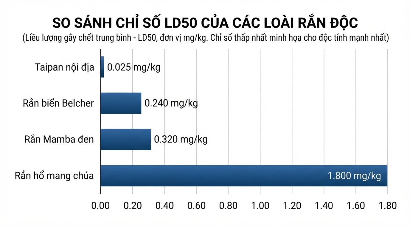 So sánh chỉ số LD50 của rắn độc nhất thế giới với các loài rắn nguy hiểm khác.