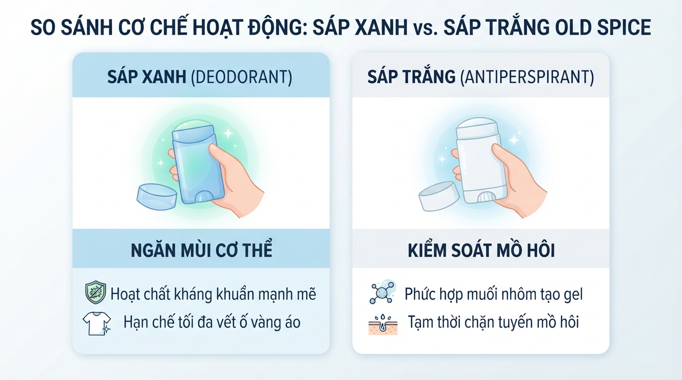 So sánh cơ chế hoạt động sáp xanh và trắng old spice giúp dễ dàng chọn lựa.