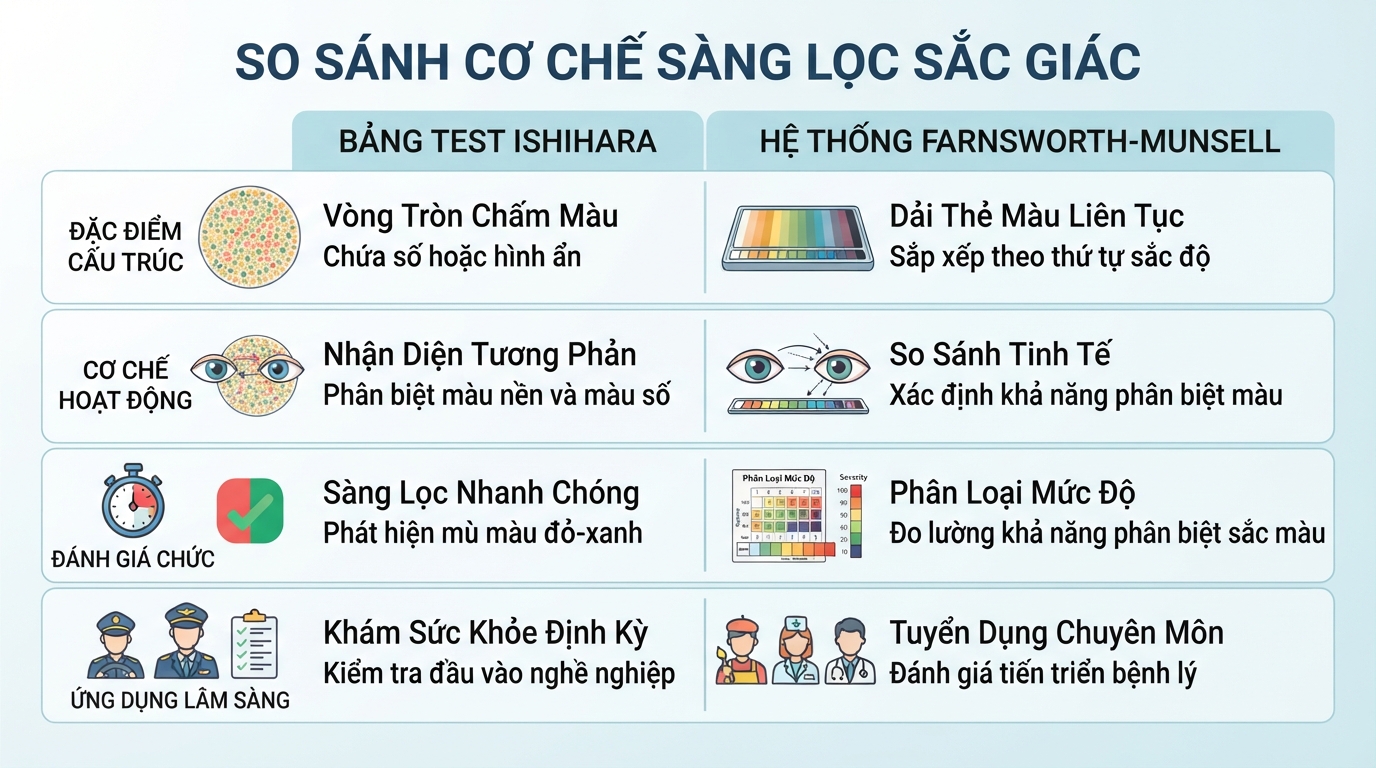 So sánh cơ chế sàng lọc sắc giác giữa bảng Ishihara và hệ thống Farnsworth-Munsell.