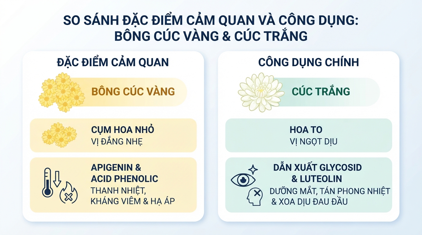 So sánh đặc điểm hình thái và dược tính giữa cúc vàng cùng cúc trắng.