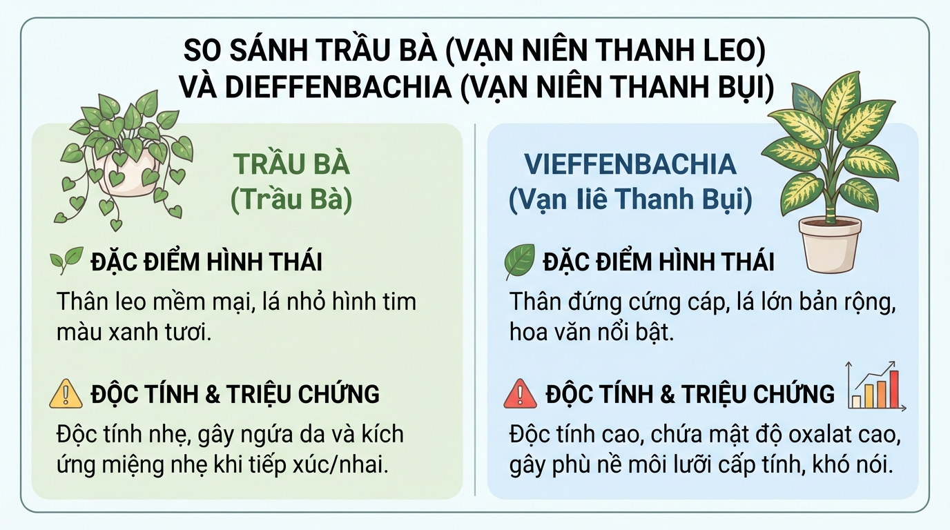 So sánh đặc điểm hình thái và độc tính giữa trầu bà và dieffenbachia.