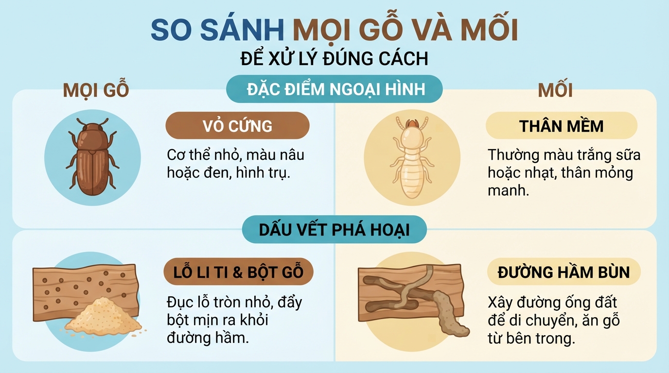 So sánh đặc điểm ngoại hình và dấu vết phá hoại giữa mọt gỗ và mối.