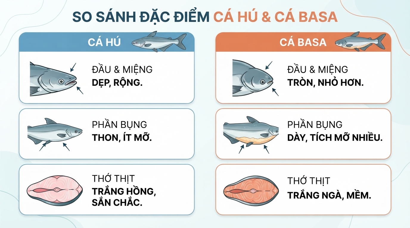 So sánh đặc điểm nhận diện đầu miệng và thớ thịt giữa hai loài cá.