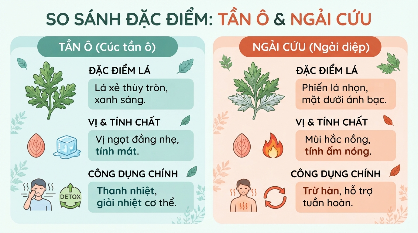 So sánh đặc điểm nhận diện giữa tần ô tính mát và ngải cứu tính ấm.