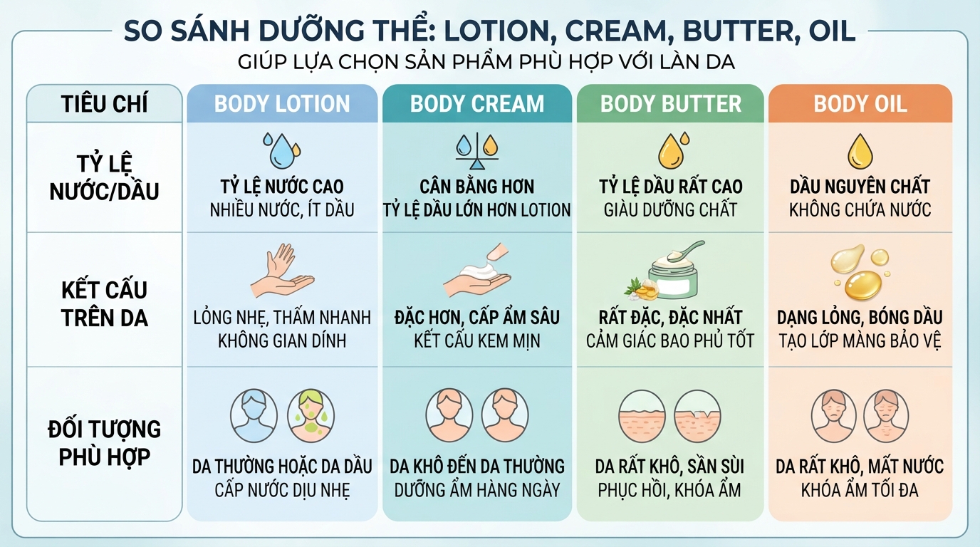 So sánh đặc tính của lotion với các dạng dưỡng thể khác giúp lựa chọn chính xác.