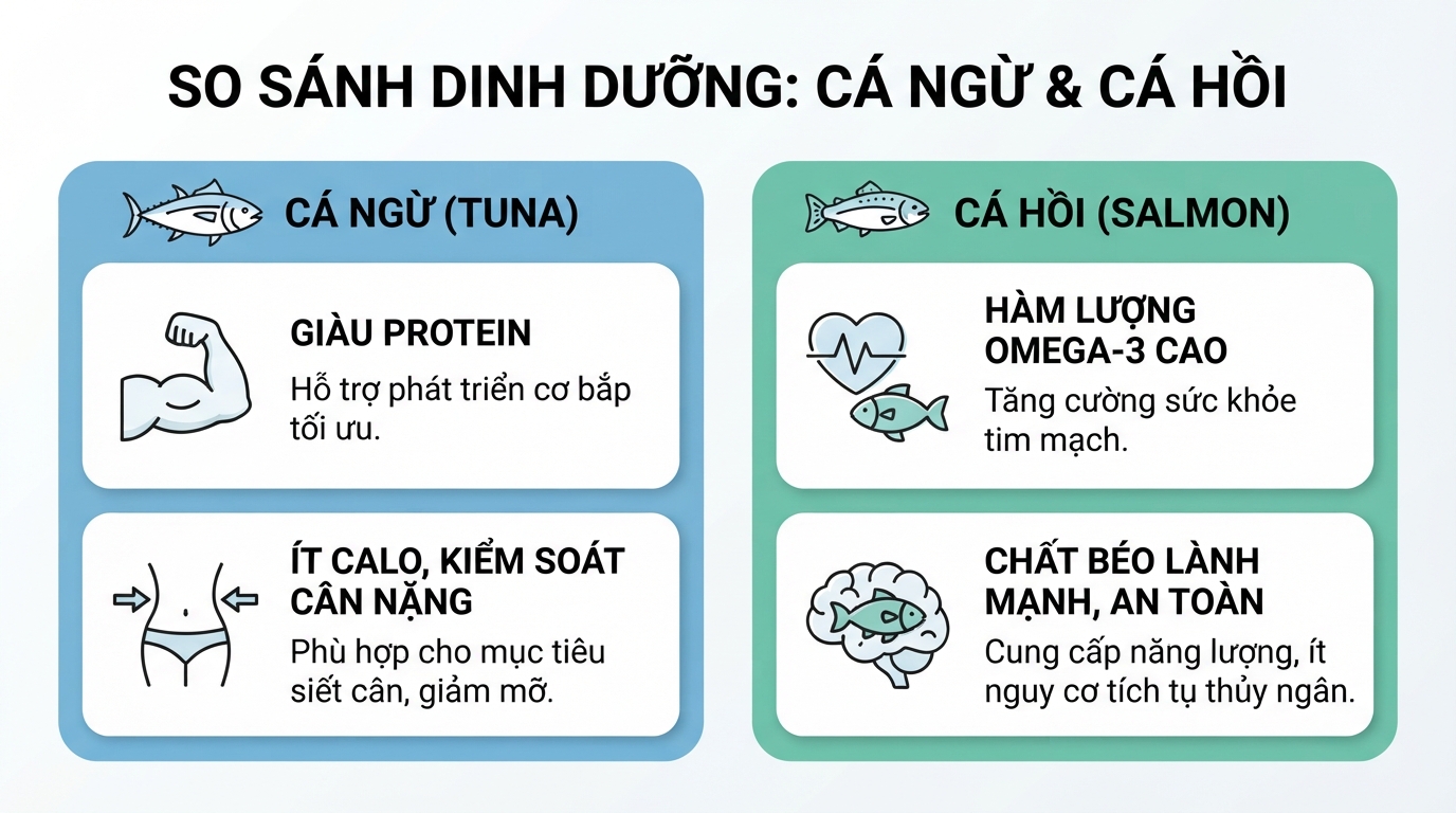 So sánh đặc tính dinh dưỡng giữa hai loại hải sản phổ biến cho từng nhu cầu.
