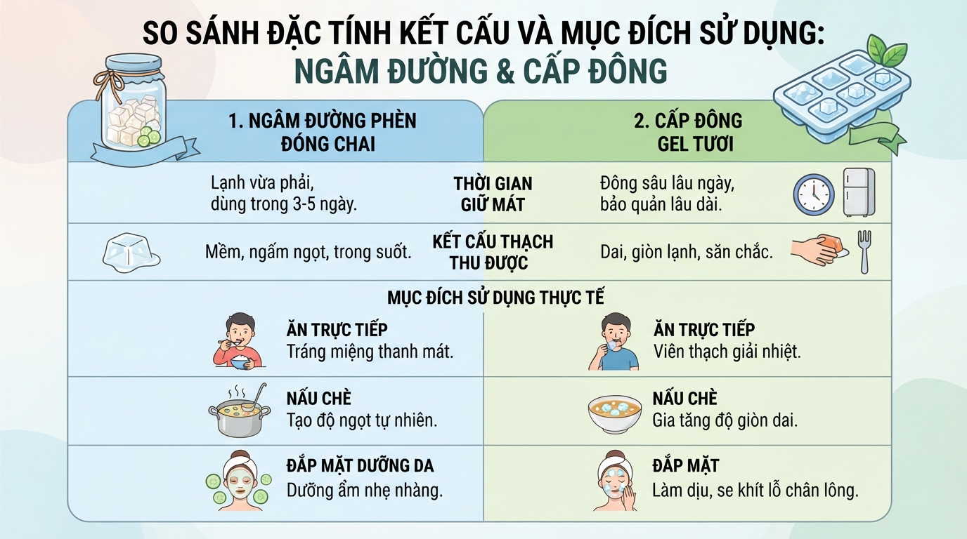So sánh đặc tính kết cấu và mục đích sử dụng giữa ngâm đường và cấp đông.
