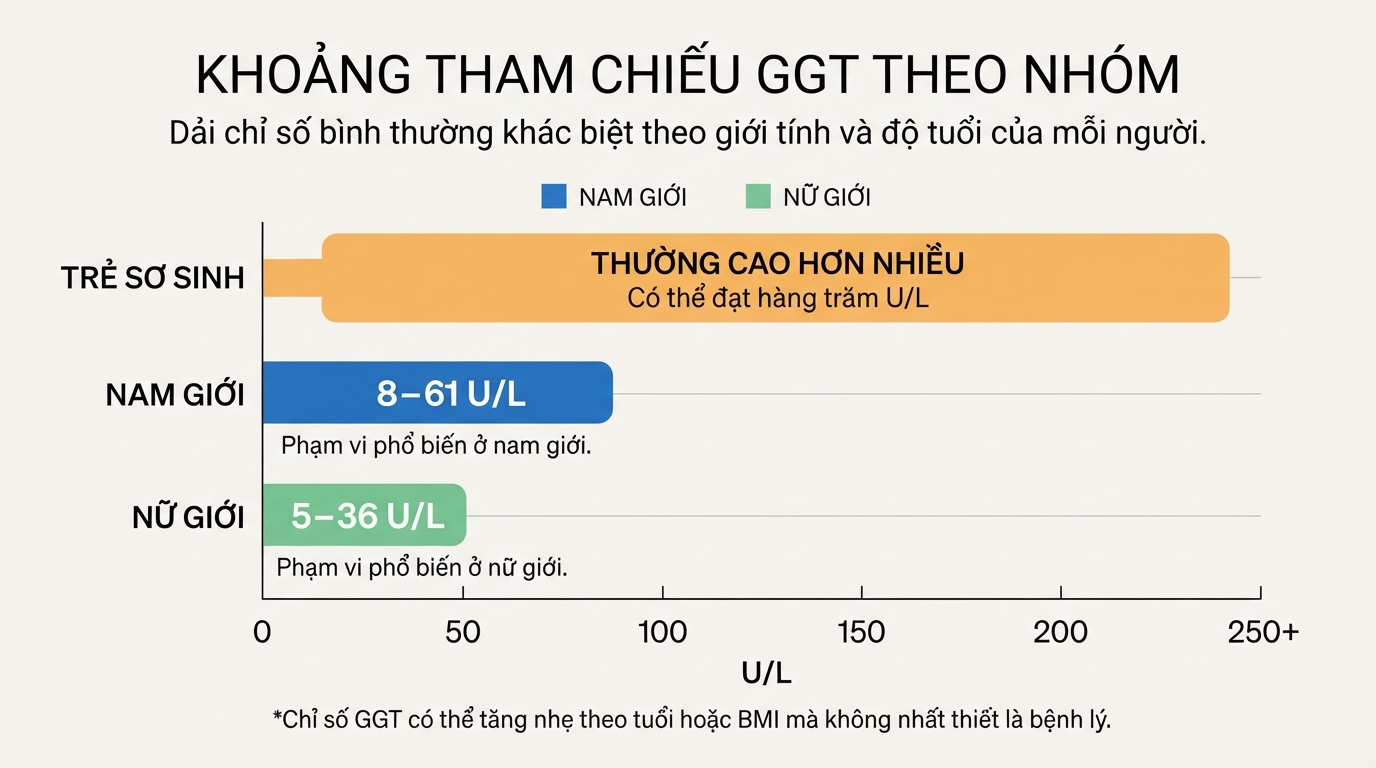 So sánh dải chỉ số GGT bình thường ở nam giới, nữ giới và trẻ sơ sinh.