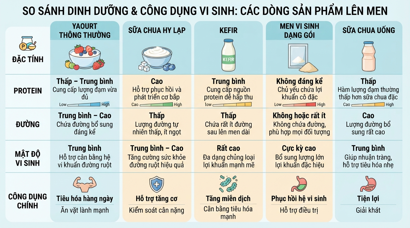 So sánh dinh dưỡng và công dụng vi sinh của các dòng sản phẩm lên men.