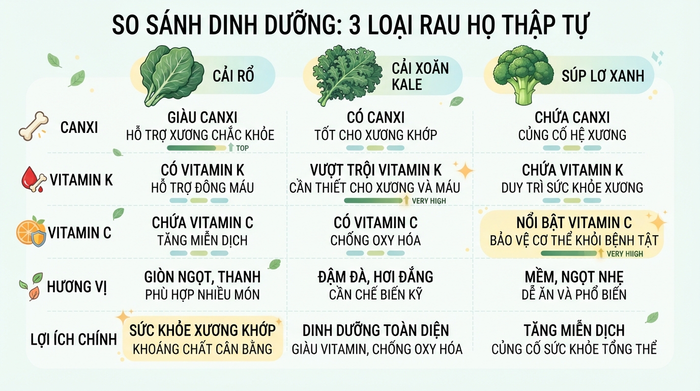 So sánh giá trị dinh dưỡng và hương vị giữa ba loại rau họ thập tự.
