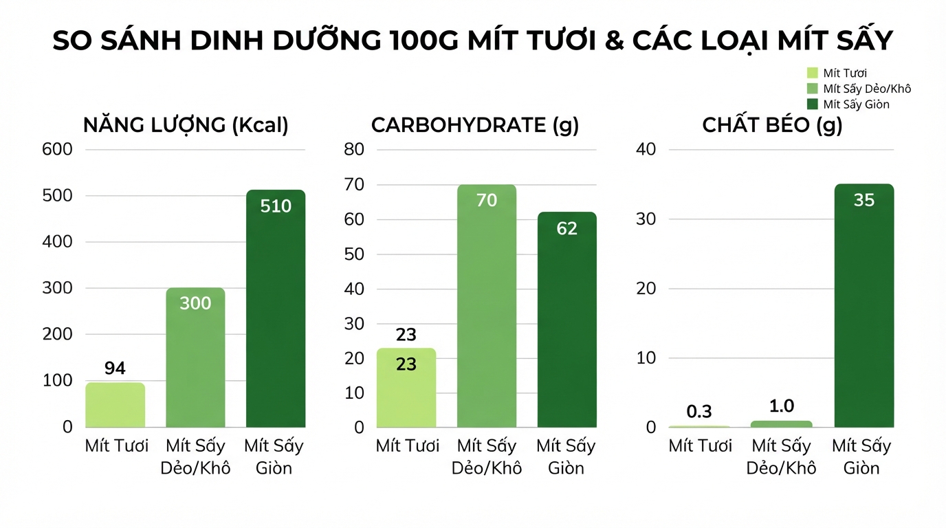 So sánh hàm lượng calo và chất béo của các loại mít sấy so với mít tươi.