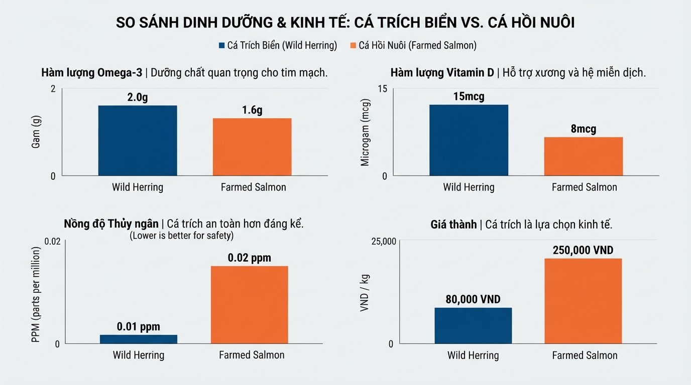 So sánh hàm lượng dinh dưỡng và tính kinh tế giữa cá trích biển và cá hồi nuôi công nghiệp.