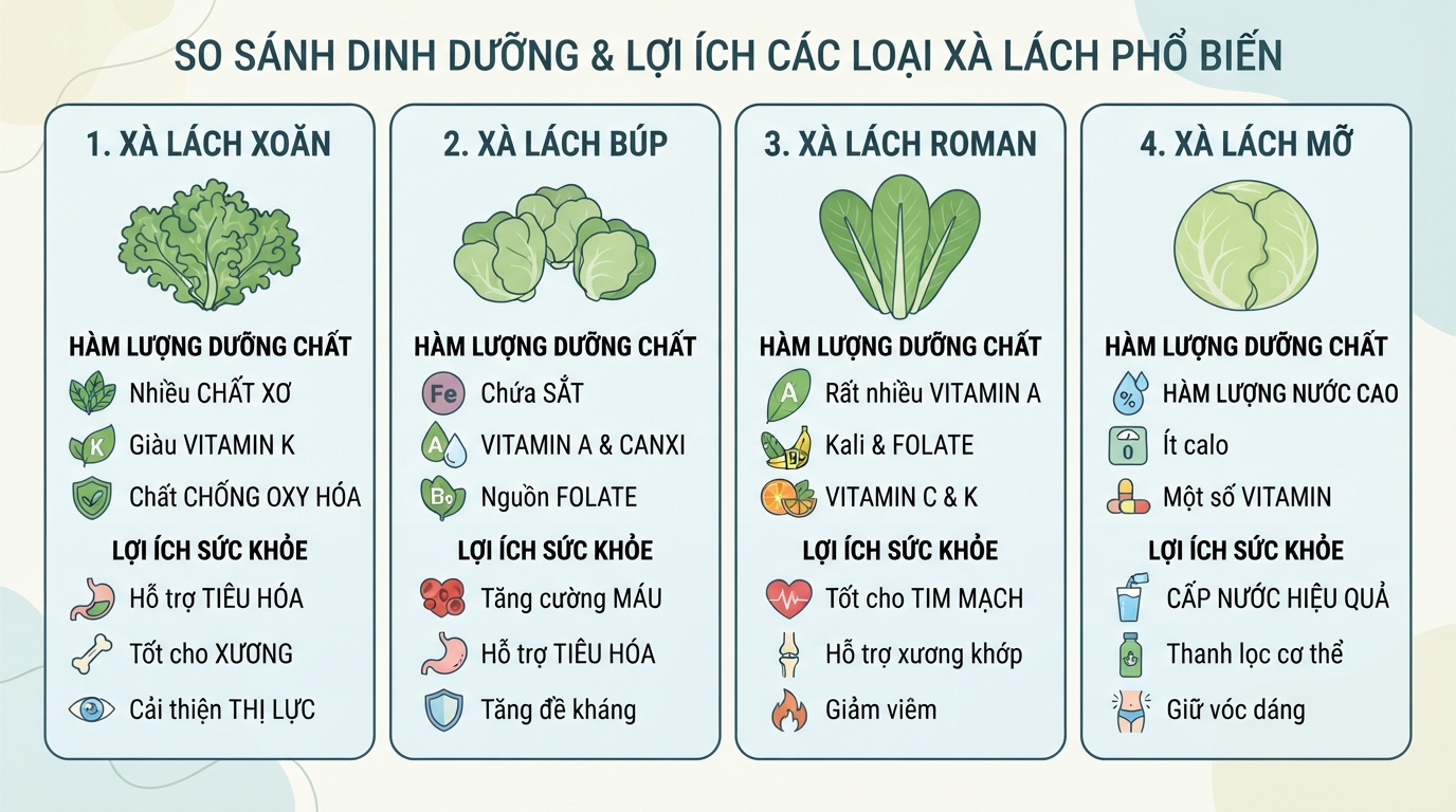 So sánh hàm lượng dưỡng chất đặc trưng giữa bốn loại xà lách phổ biến nhất.