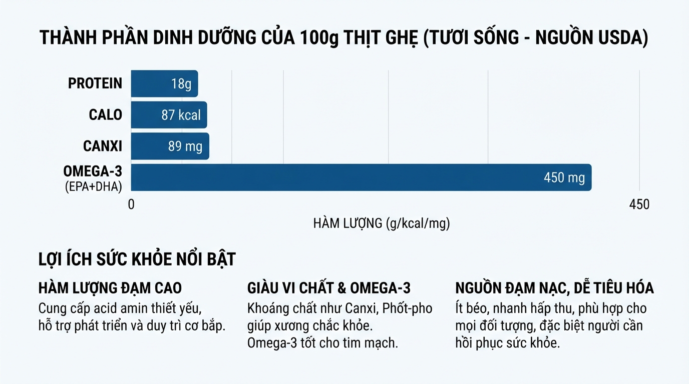 So sánh hàm lượng protein và vi chất thiết yếu trong 100g thịt ghẹ tươi sống theo USDA.