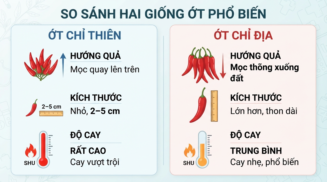 So sánh hình thái hướng quả và độ cay giữa hai giống ớt.
