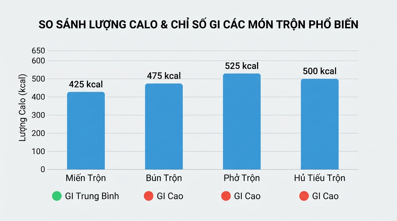 So sánh lượng calo trung bình giữa miến trộn và một số món trộn phổ biến.