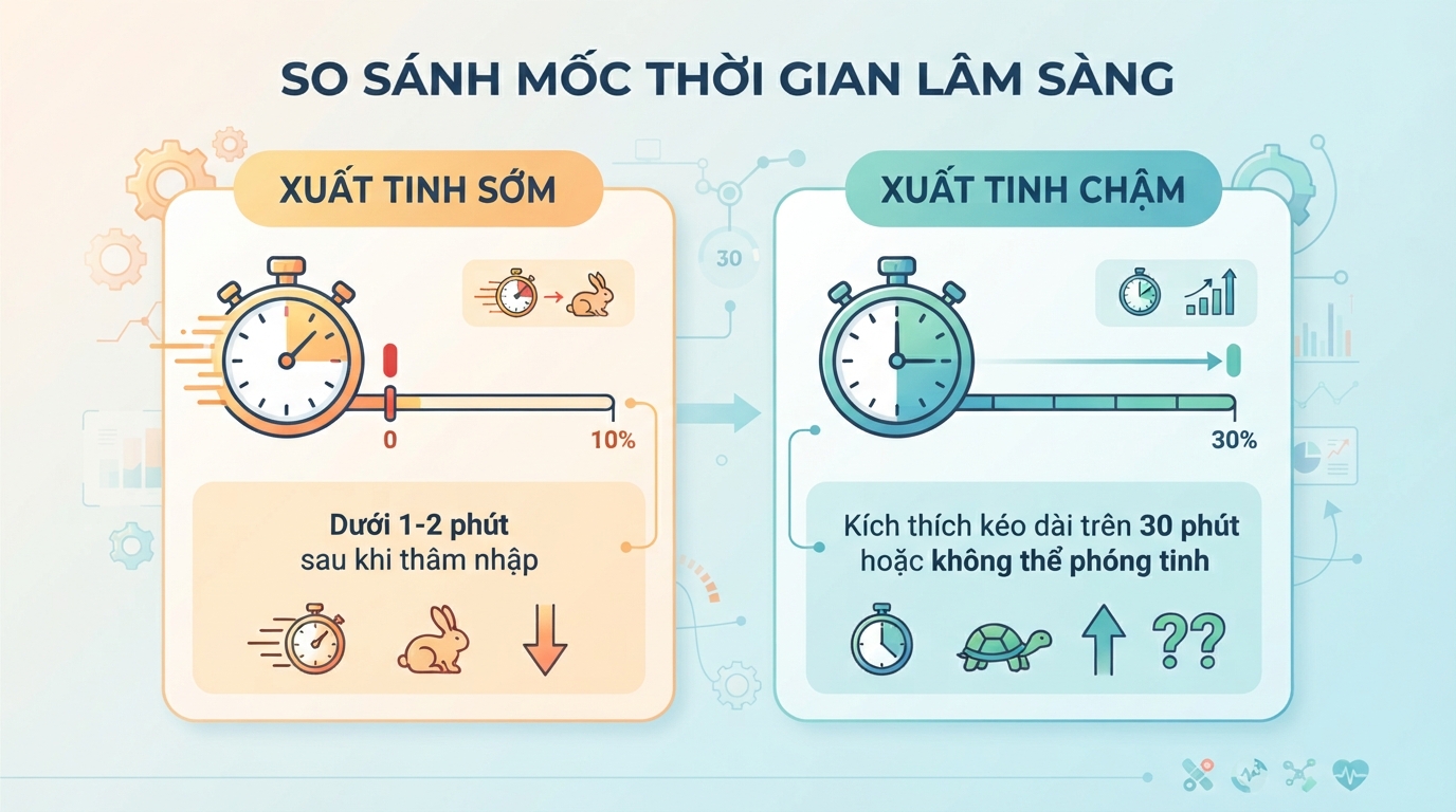 So sánh mốc thời gian định nghĩa xuất tinh sớm và xuất tinh chậm lâm sàng.