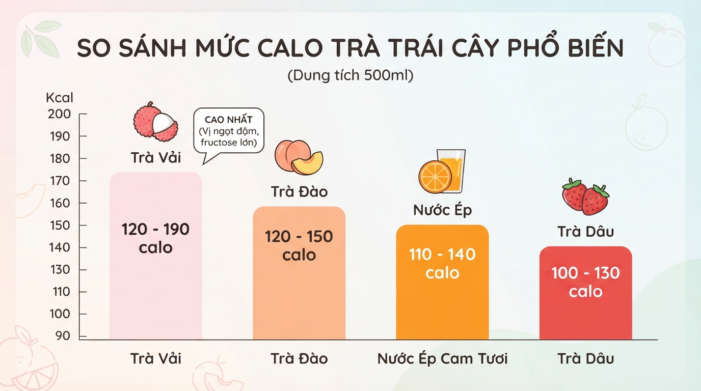 So sánh mức calo trung bình giữa các loại trà trái cây phổ biến.