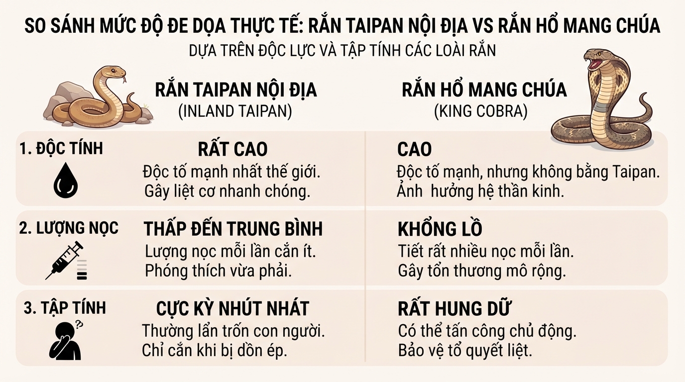 So sánh mức độ đe dọa thực tế dựa trên độc lực và tập tính các loài rắn.