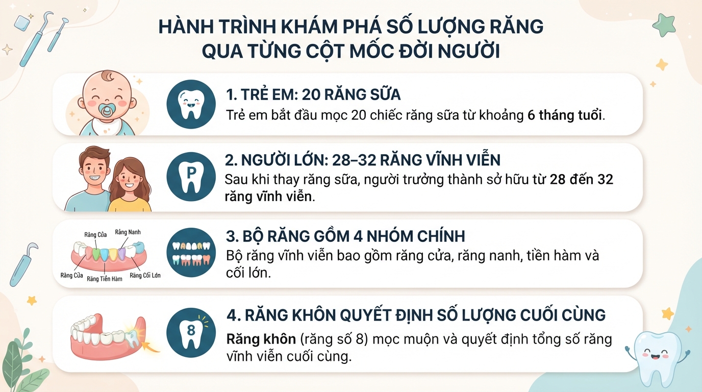 Con người có bao nhiêu cái răng? Sơ đồ và chức năng từng loại răng
