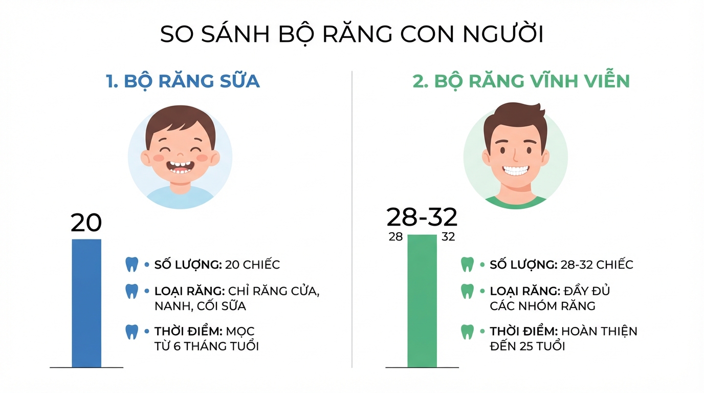 So sánh răng sữa và vĩnh viễn giúp bạn hiểu rõ con người có bao nhiêu cái răng chính xác.