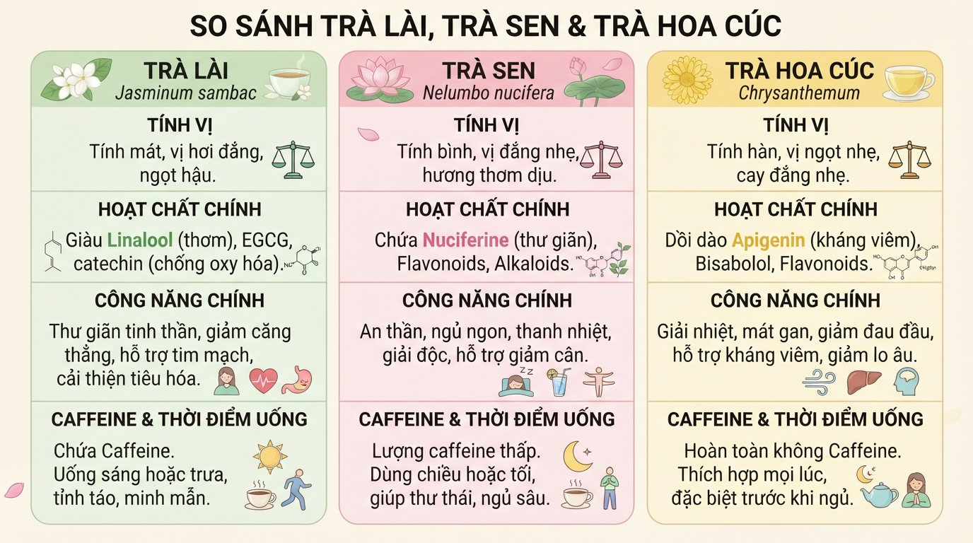 So sánh sự khác biệt về hoạt chất và công năng giữa trà lài với trà sen, hoa cúc.