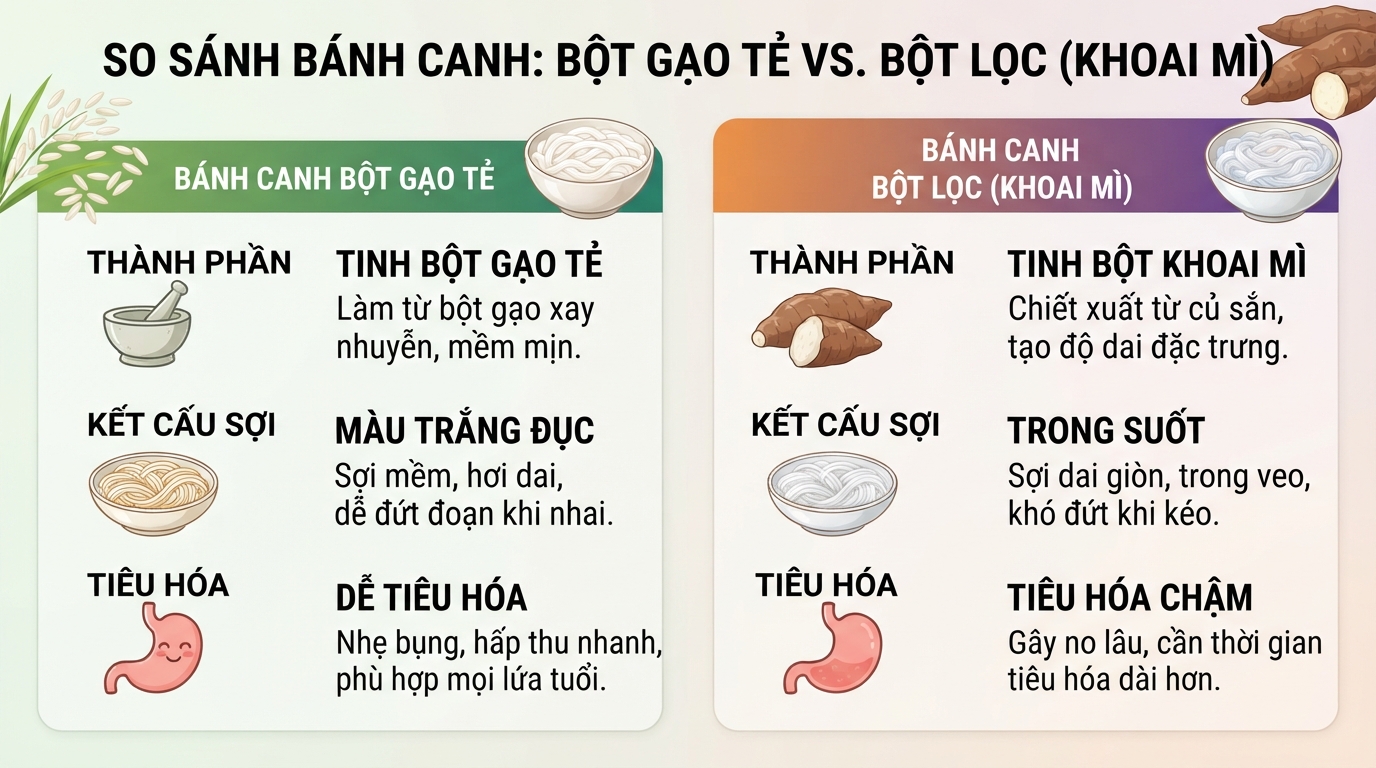 So sánh sự khác biệt về kết cấu và khả năng tiêu hóa giữa hai loại bánh canh. So sánh sự khác biệt về kết cấu và khả năng tiêu hóa giữa hai loại bánh canh.