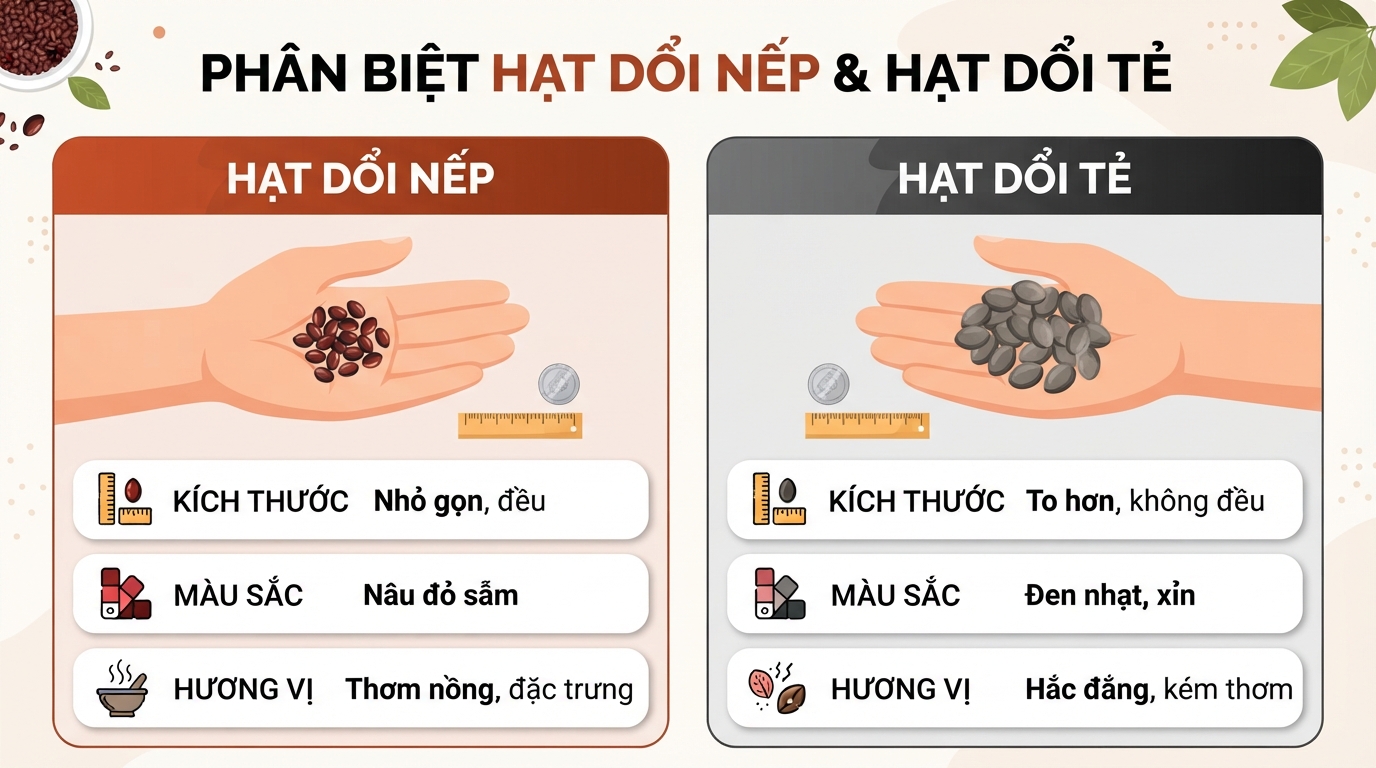 So sánh sự khác biệt về kích thước và hương vị giữa hạt dổi nếp và dổi tẻ.
