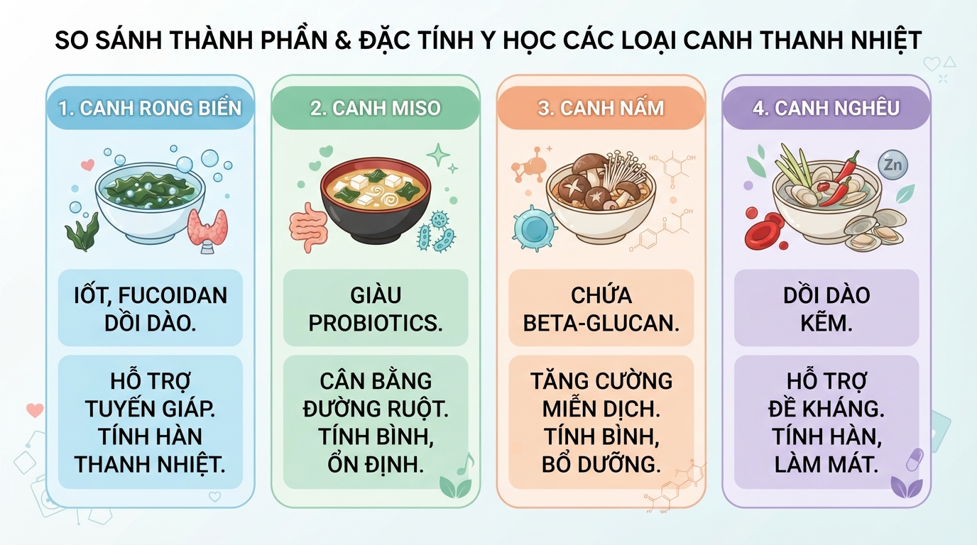 So sánh thành phần vi chất và đặc tính y học của các loại canh thanh nhiệt.