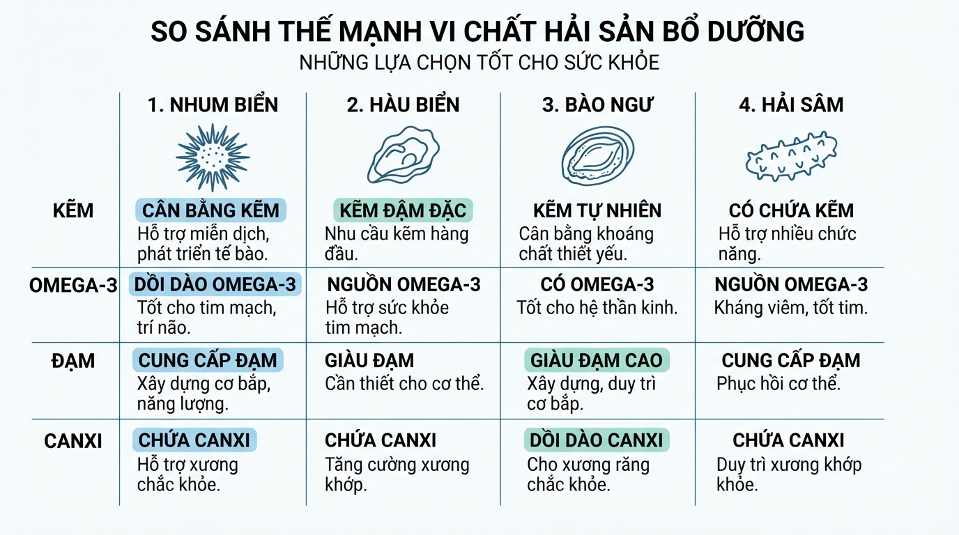 So sánh thế mạnh vi chất giữa các loại hải sản bổ dưỡng phổ biến.
