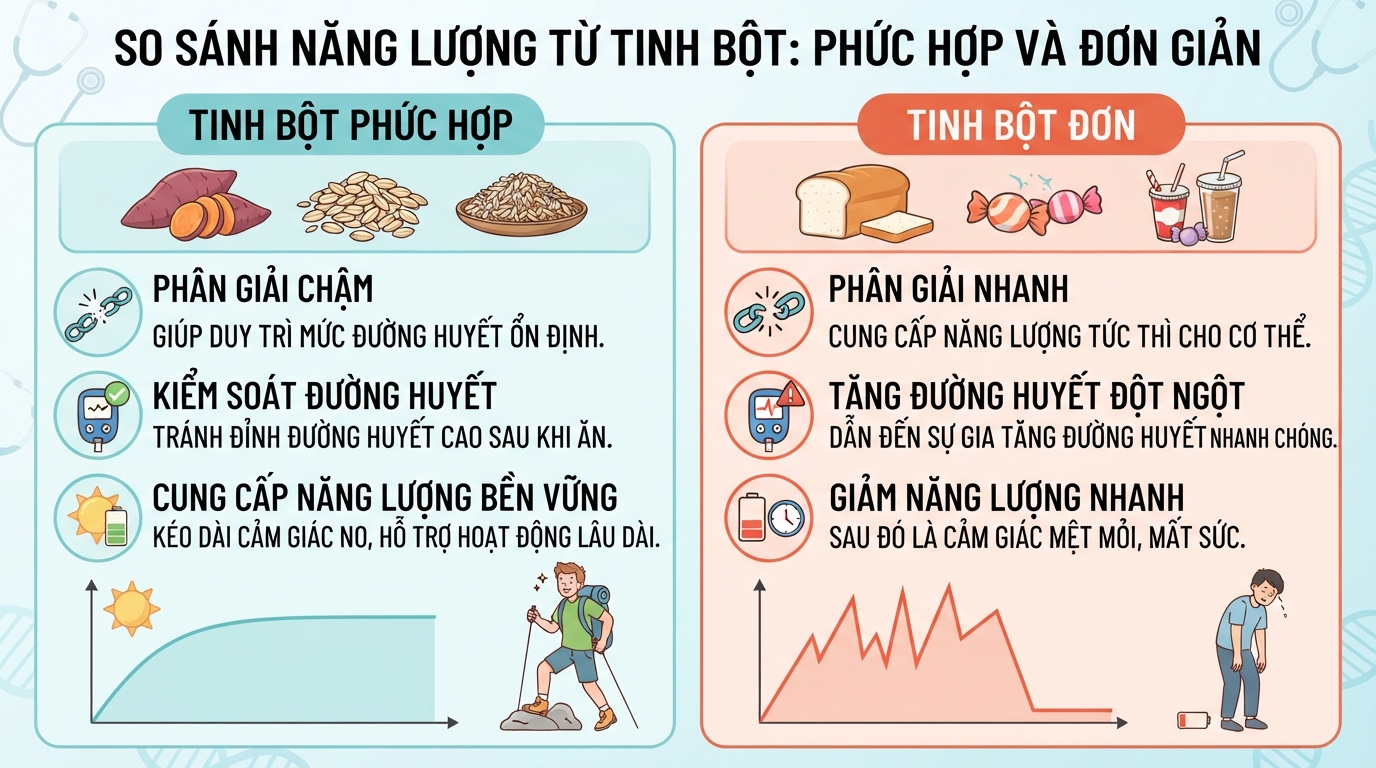 So sánh tốc độ chuyển hóa năng lượng giữa tinh bột phức hợp và tinh bột đơn.