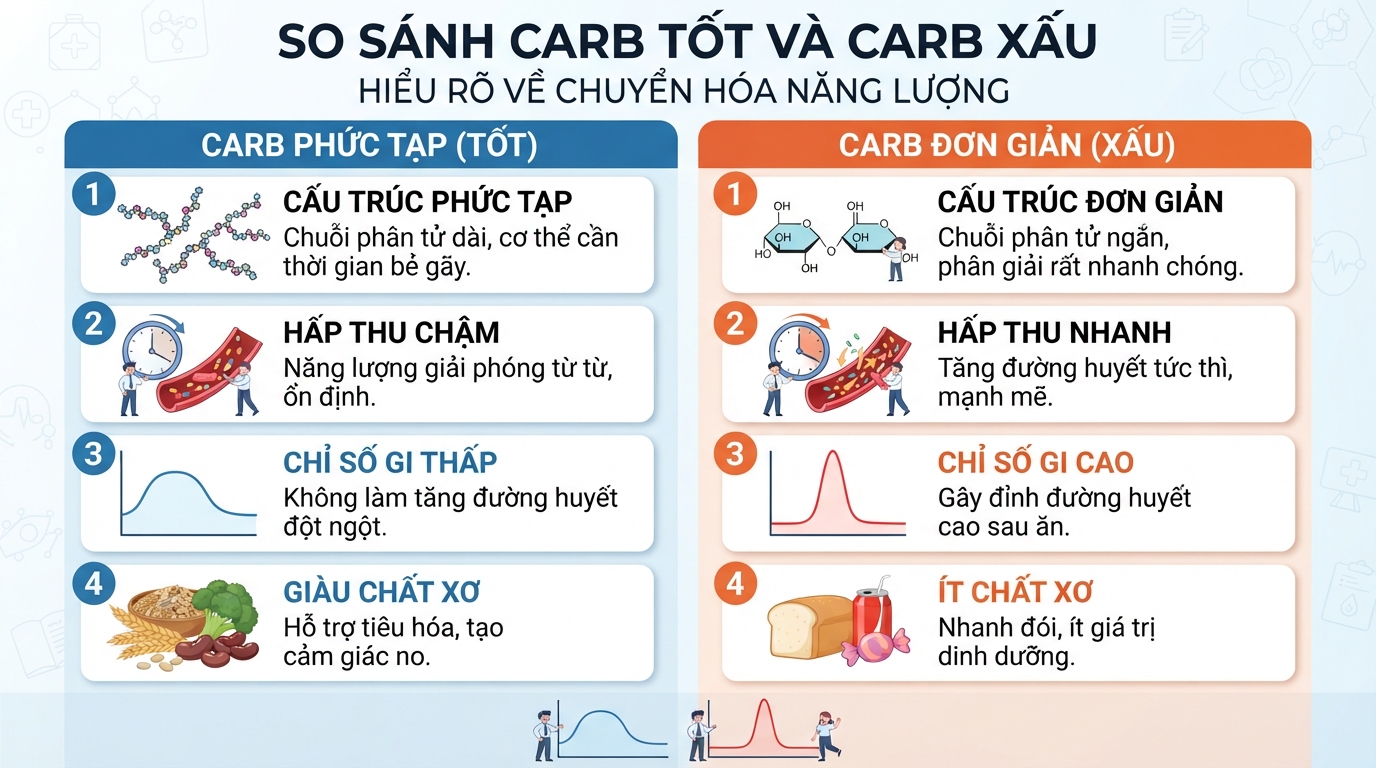 So sánh tốc độ chuyển hóa và chỉ số đường huyết giữa carb tốt và carb xấu.