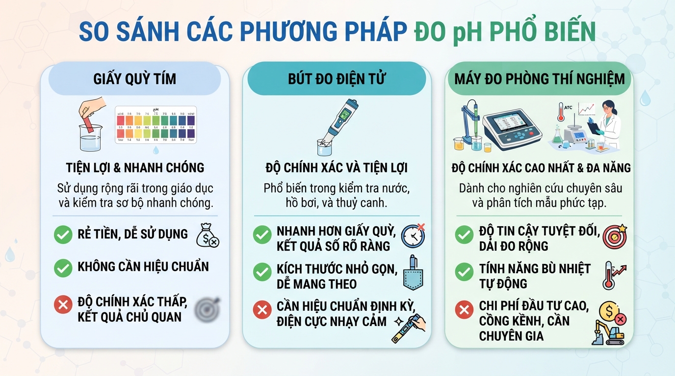 So sánh ưu nhược điểm của giấy quỳ, bút điện tử và máy đo pH chuyên dụng.