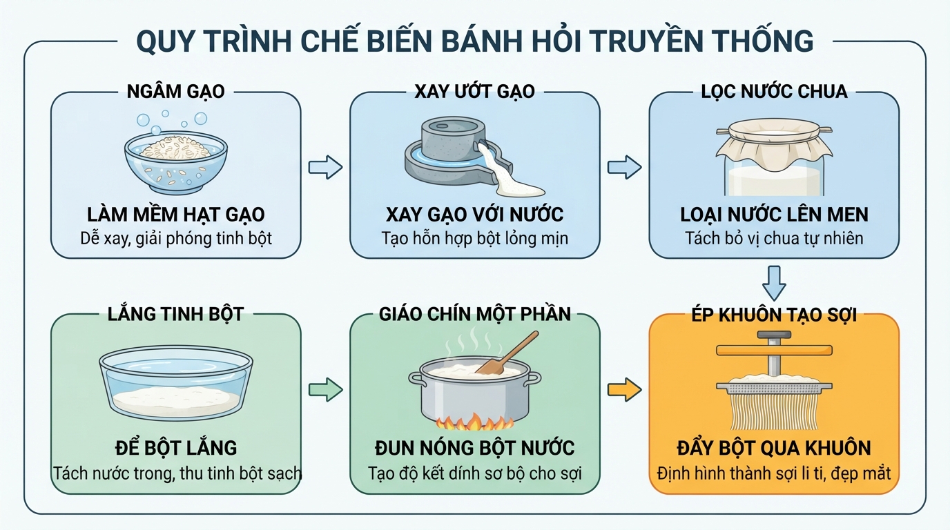 Sợi bánh hỏi đạt độ dẻo dai tự nhiên từ tinh bột gạo tẻ tinh khiết.