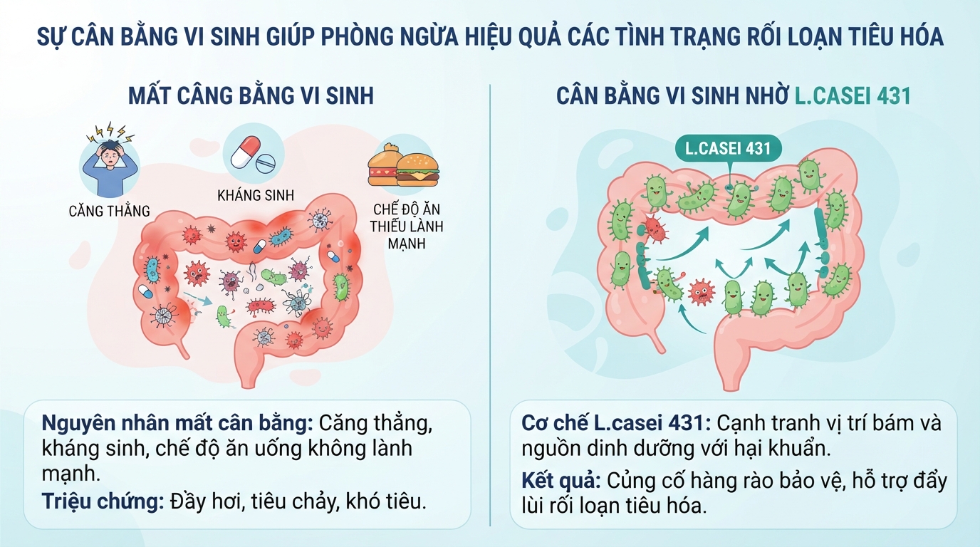 Sự cân bằng vi sinh giúp phòng ngừa hiệu quả các tình trạng rối loạn tiêu hóa.